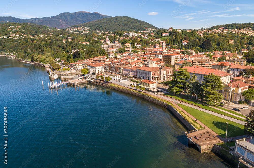 Aerial view of Luino, is a small town on the shore of Lake Maggiore in province of Varese, Italy.