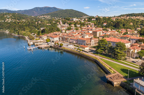 Aerial view of Luino  is a small town on the shore of Lake Maggiore in province of Varese  Italy.