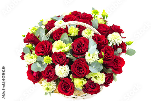 red roses on a white background composition of red roses in a basket