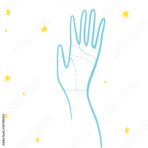Hand for palmistry with stars in yellow and blue colours in doodles hand drawn style.
