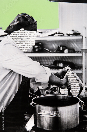 Collaged anonymous chefs with vegan text photo