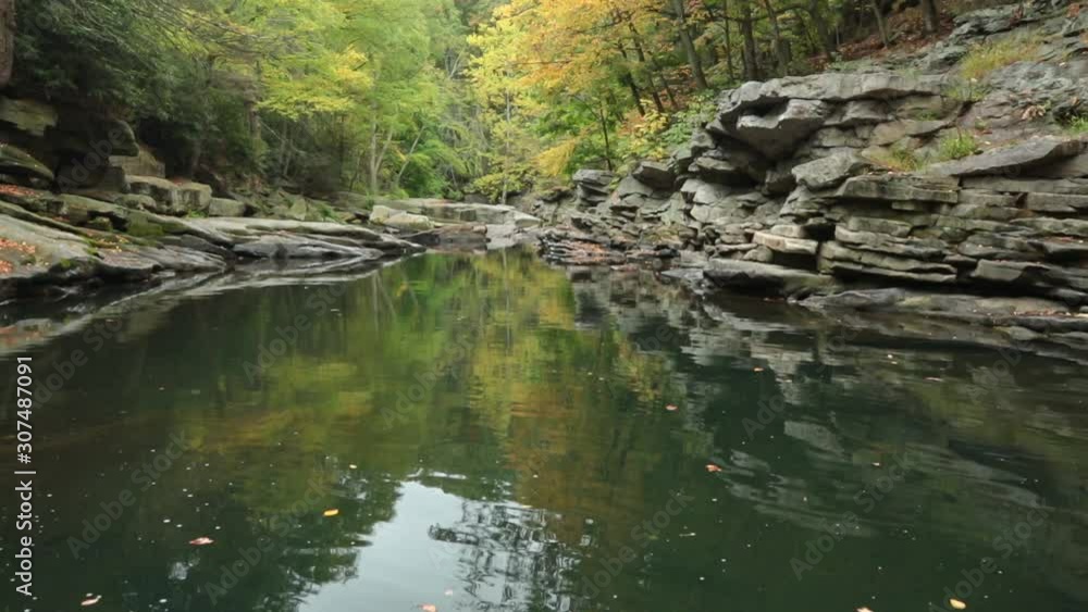 A tranquil river ripples in the breeze while autumn leaves drift down from the trees downstream. A tranquil river ripples in the breeze while autumn leaves drift down from the trees downstream.