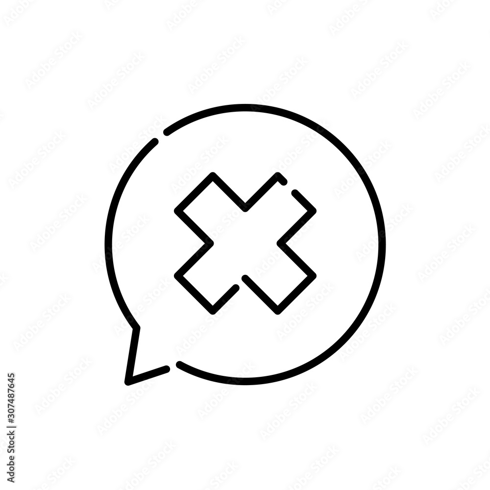 Obraz premium Mensaje de error. Icono plano lineal aspa en burbuja de habla en color negro