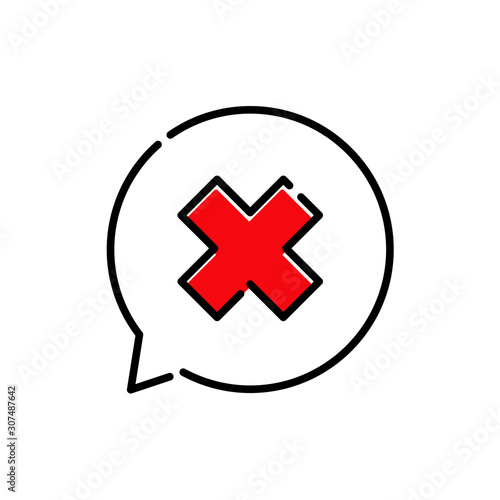 Mensaje de error. Icono plano lineal aspa en burbuja de habla con color rojo
