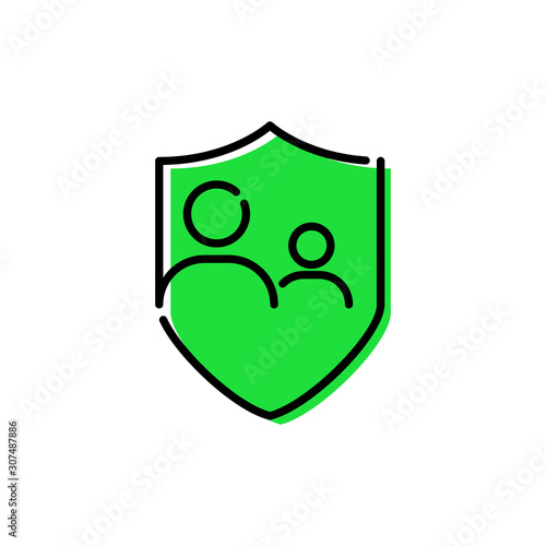 Símbolo control parental. Icono plano lineal familia con escudo en color verde