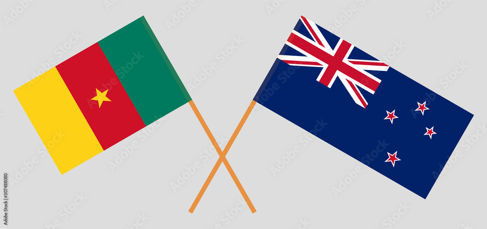 Crossed flags of Cameroon and New Zealand