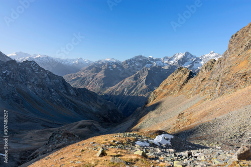 Wild alpine landscape with snow, glaciers and rocky mountains at a sunny day in the Oetztal Alps (Tirol, Austria).