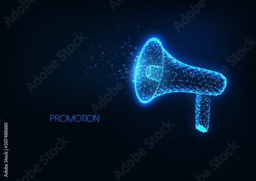 Futuristic announcement, promotion, advertisement concept with glowing low polygonal megaphone