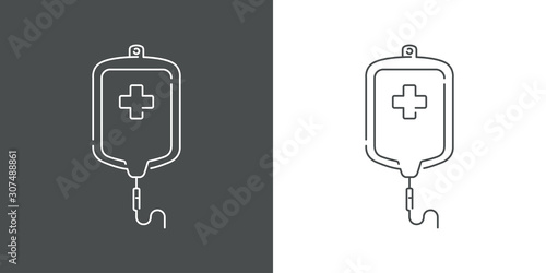 Icono plano lineal bolsa de transfusión de sangre en fondo gris y fondo blanco