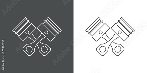 Icono plano lineal pistones de motor de coche cruzados en fondo gris y fondo blanco