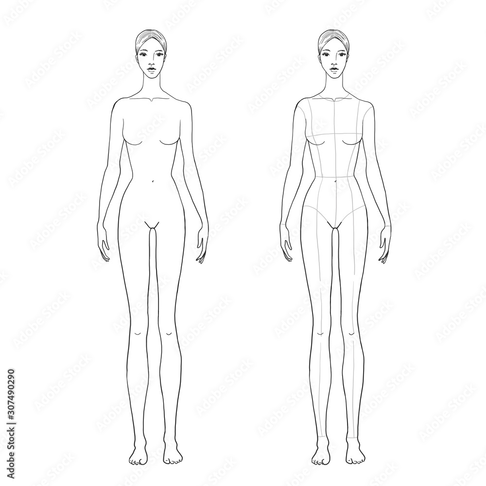 Woman's figure sketch for technical drawing with main lines. Vector outline girl model template for fashion sketching. Woman's figure sketch for technical drawing with main lines. Vector outline girl model template for fashion sketching.