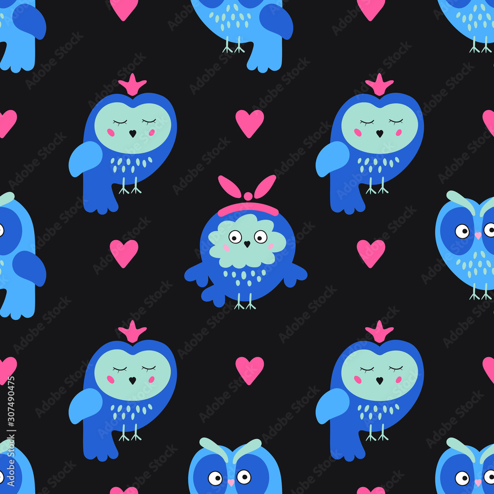 Obraz premium Cute vector owls nestling with hearts. Seamless pattern on black for baby room decoration, wallpaper, wrapping paper and another design