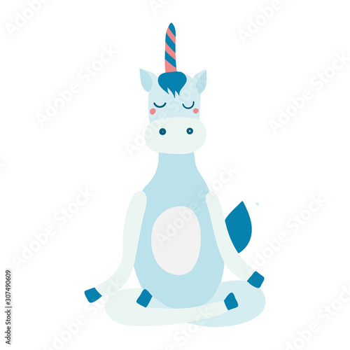Cartoon unicorn performing yoga exercise. Drawing animal character sitting in lotus posture and meditating vipassana
