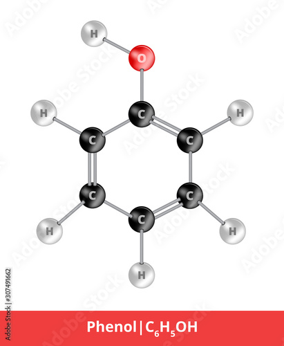 Vector ball-and-stick model of chemical alcohol. Icon of phenol molecule C6H5OH consisting of carbon, oxygen and hydrogen. Structural formula suitable for education isolated on a white background.