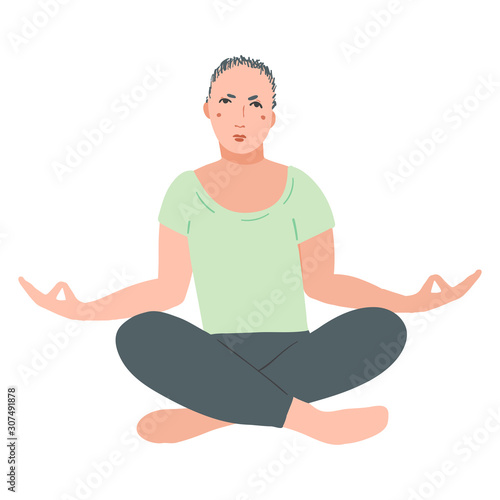Young handsome men performing yoga exercise. Male cartoon character sitting in lotus posture and meditating vipassana 
