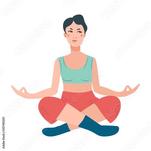 Young pretty woman performing yoga exercise. Female cartoon character sitting in lotus posture and meditating vipassana 