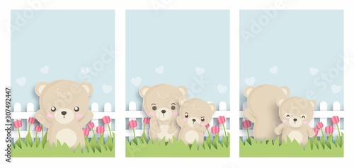 Set of cute animals cards with teddy bear for greeting card in paper cut style. 