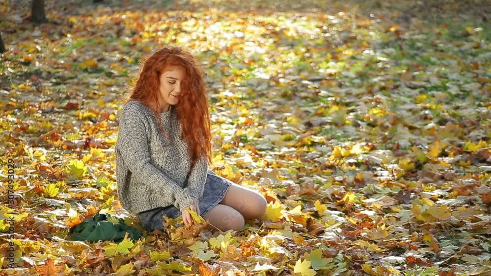 Amazing cute young woman with gorgeous thick curly red hair sits in ray of contour light on blanket of yellow autumn leaves and throws leafs up in pictorial city park Amazing cute young woman with gorgeous thick curly red hair sits in ray of contour light on blanket of yellow autumn leaves and throws leafs up in pictorial city park