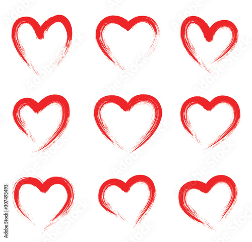Grunge red heart shape. Hand drawn vector hearts. Drawing with a brush in the shape of heart - stock vector.