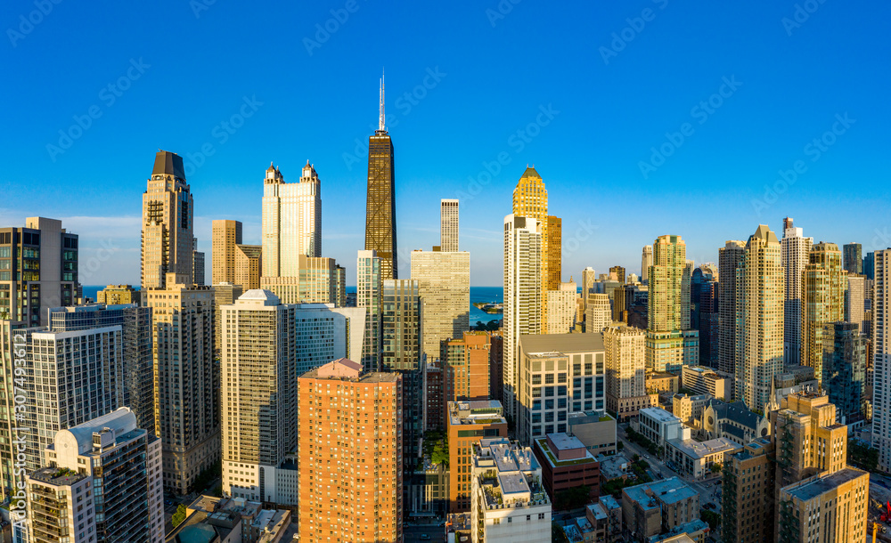 Aerial view of Chicago cityscape during sunset 