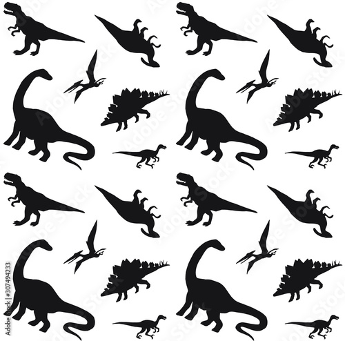 Vector seamless pattern of black dinosaurs silhouette isolated on white background