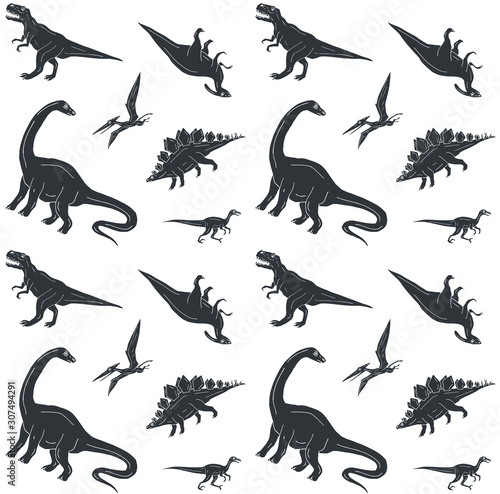 Vector seamless pattern of black hand drawn doodle sketch dinosaurs isolated on white background