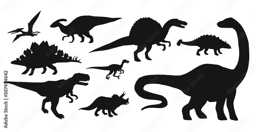 Naklejka Wektor zestaw pakiet czarnej sylwetki dinozaurów na białym tle