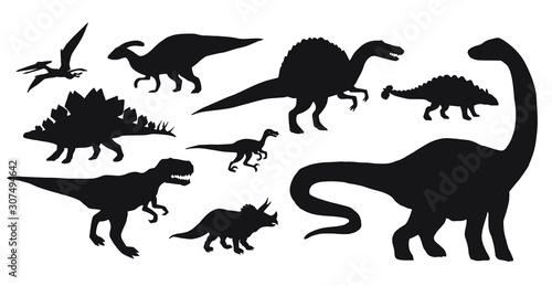 Fototapeta Naklejka Na Ścianę i Meble -  Vector set bundle of black dinosaurs silhouette isolated on white background
