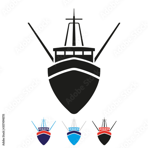 Fishing boat icon. Seiner. Front view. Vector drawing. Isolated object on a white background. Isolate.