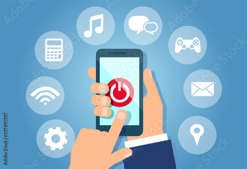 Vector of a business man hand holding using smartphone multiple apps