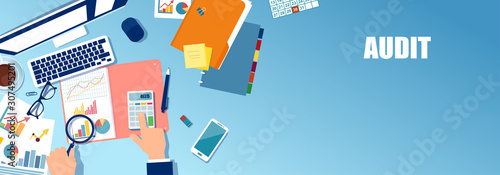 Vector of a financial analyst sitting at table examining business plan report.
