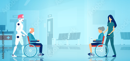  Vector of a nurse and a robot pushing wheelchair with senior people
