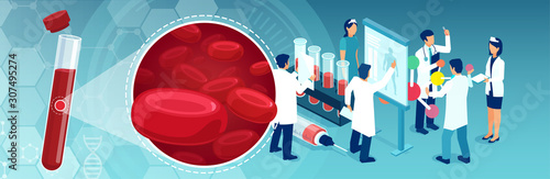 Vector of a medical test tube with red blood cells and a team of doctors performing diagnostics