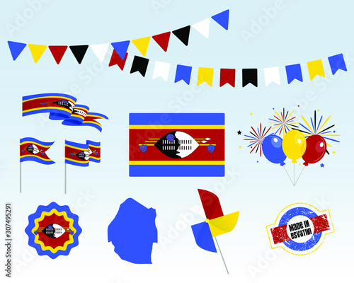 National holiday. Independence Day Esvatini set of vector design elements, Made in Esvatini. Map, flags, ribbons, turntables, sockets. Vector symbolism, set for your info graphics photo