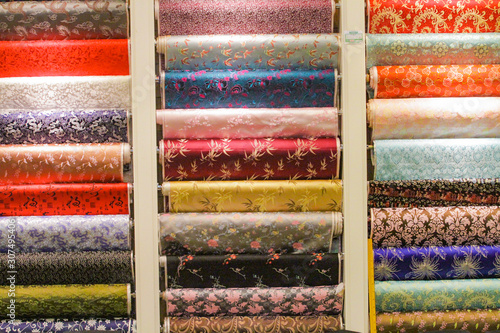 Various and colored silk fabrics at a local silk factory in China.