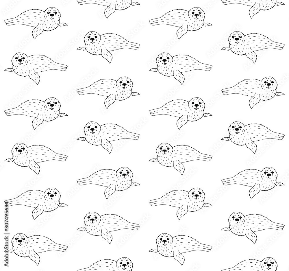 Obraz premium Vector seamless pattern of hand drawn doodle sketch baby seal isolated on white background