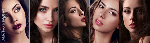 Fotografiet Beautiful collage of sexy bright makeup emotional women with bright lips and eff