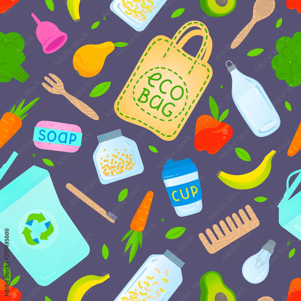 Zero waste seamless pattern.Waste management background.Layout design perfect for prints,banners,web,eco posters,flyer mockups,textile and more.Think green, go to zero waste.