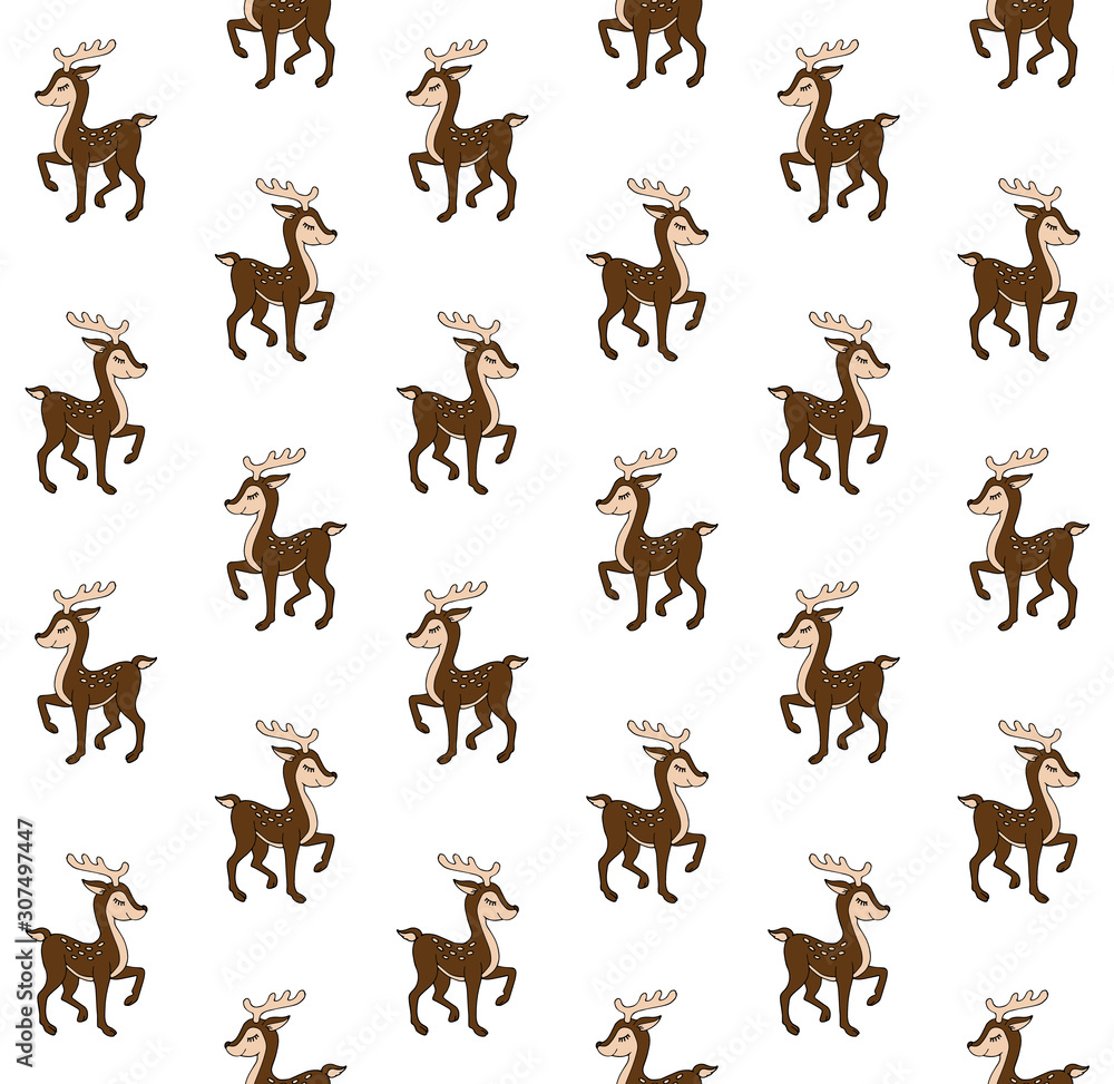 Vector seamless pattern of hand drawn doodle sketch colored baby deer isolated on white background