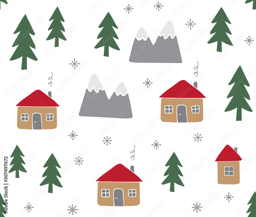 Obraz premium Vector seamless pattern of hand drawn doodle sketch Scandinavian country houses and landscapes isolated on white background