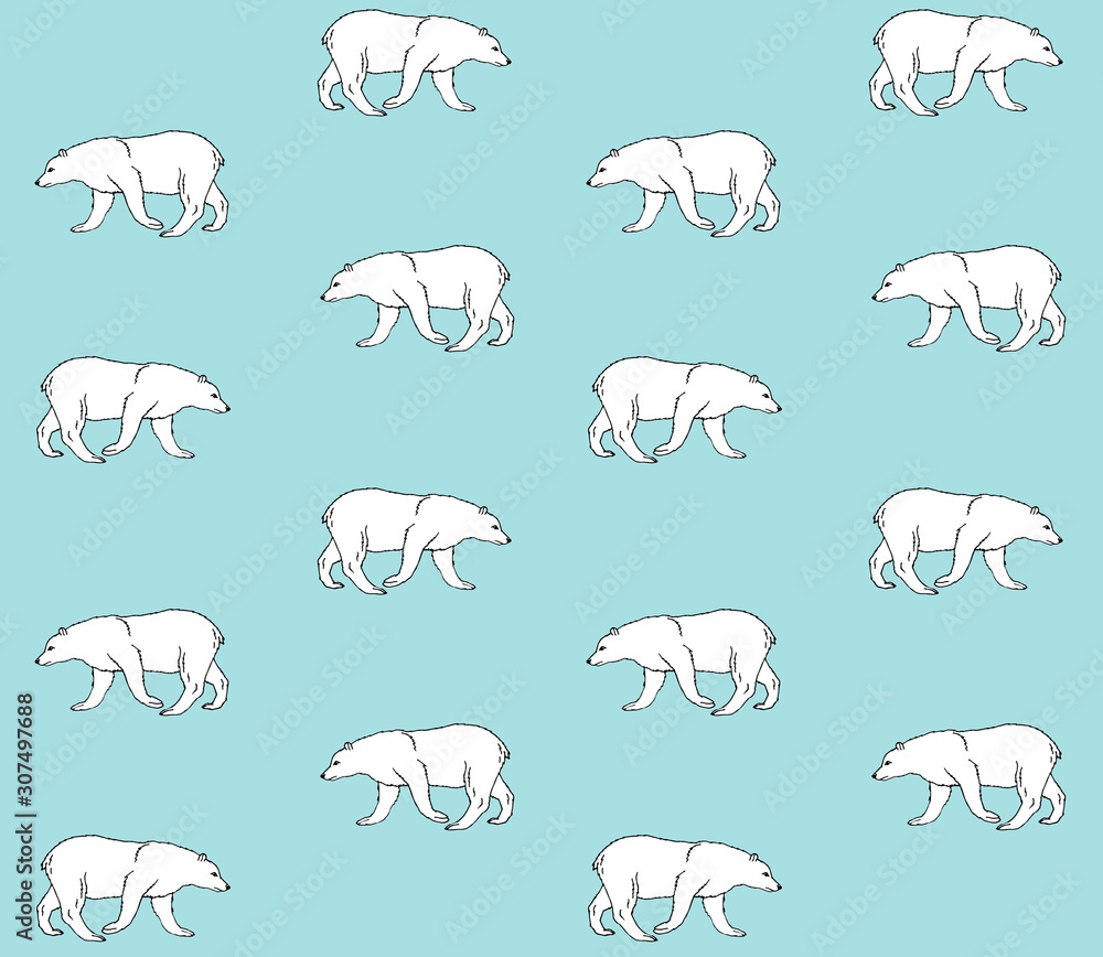 Vector seamless pattern of hand drawn doodle sketch polar bear isolated on pastel blue background Vector seamless pattern of hand drawn doodle sketch polar bear isolated on pastel blue background