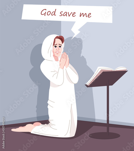 Religious obsession flat vector illustration. Spiritual dependence. Fanatic worshiper. Pious young woman kneeling, female believer praying, asking God for salvation cartoon character
