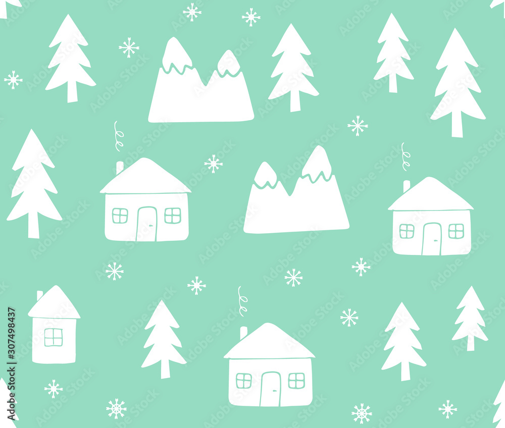 Vector seamless pattern of white hand drawn doodle sketch Scandinavian country house and trees isolated on mint background. Christmas landscape winter illustration