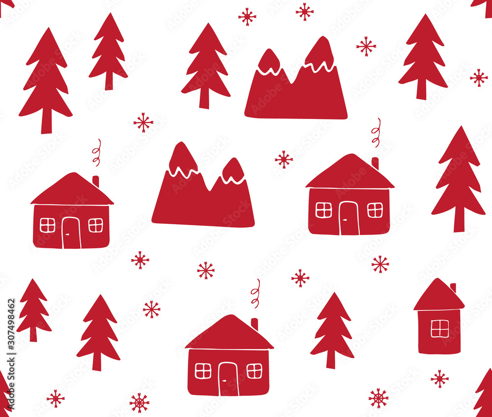 Vector seamless pattern of hand drawn doodle sketch Scandinavian country house and trees isolated on white background. Christmas landscape winter illustration Vector seamless pattern of hand drawn doodle sketch Scandinavian country house and trees isolated on white background. Christmas landscape winter illustration