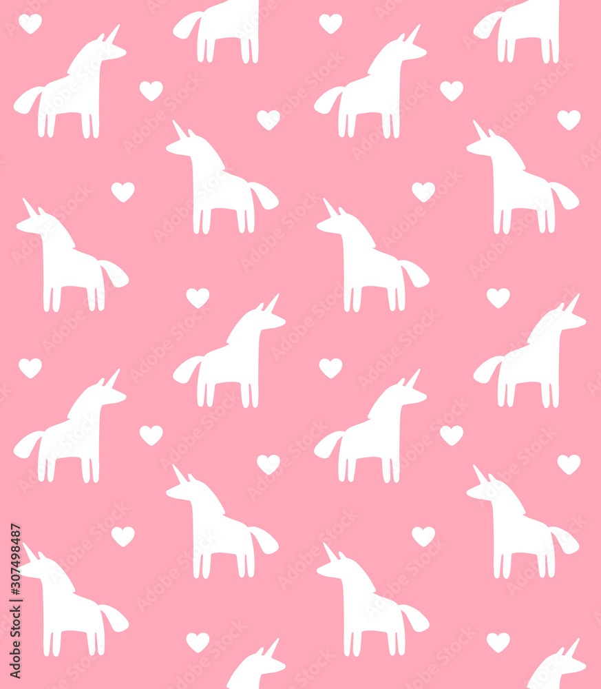 Vector seamless pattern of white hand drawn sketch doodle unicorn silhouette isolated on pink background