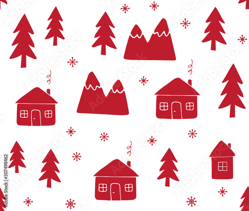 Vector seamless pattern of hand drawn doodle sketch Scandinavian country house and trees isolated on white background. Christmas landscape winter illustration