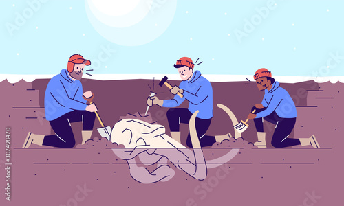 Mammoth skull excavation flat vector illustration. Paleontological observations. Prehistoric animal researching. Earth evolution study. Three men digging ancient bones cartoon characters