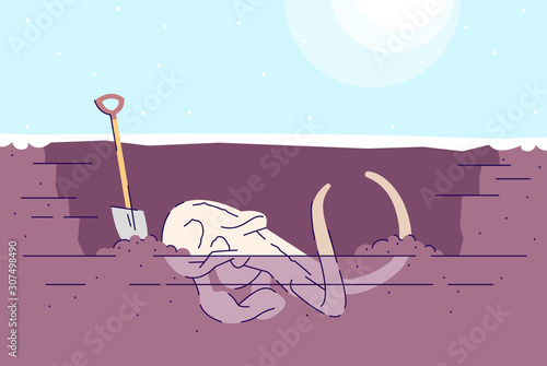 Mammoth skull excavation flat vector illustration