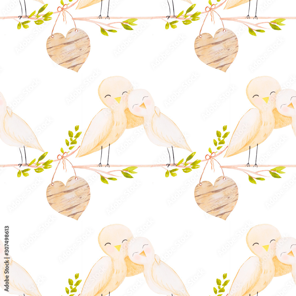 Pattern with hand-drawn cute watercolor bird on a white background. Pattern for fabric,invitations, wrapping paper, cards and other materials. Pattern with hand-drawn cute watercolor bird on a white background. Pattern for fabric,invitations, wrapping paper, cards and other materials.