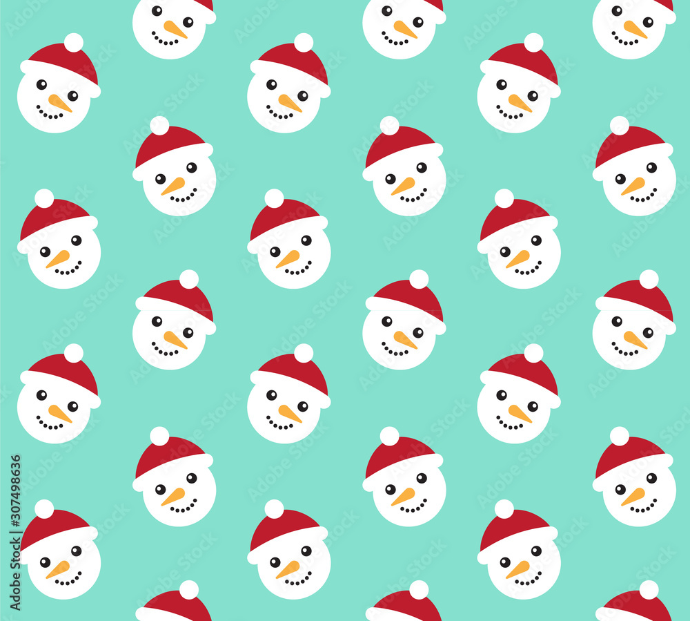 Vector seamless pattern of flat cartoon snowman face isolated on mint background